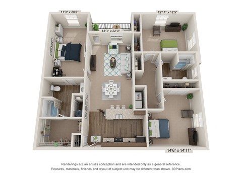 Floor plan for 3 beds, 2 baths, 1622 sqft